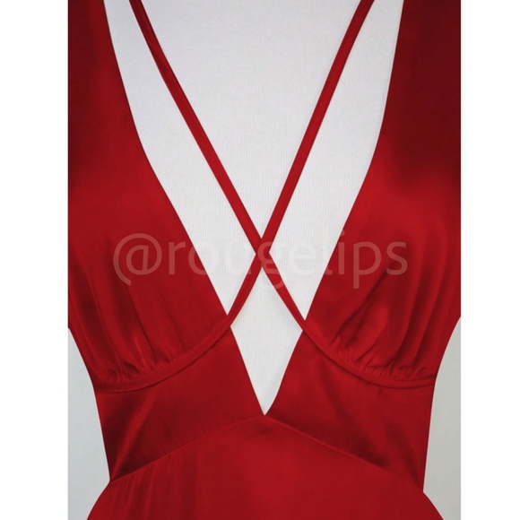 Strappy Red Satin Cut Out V-Neck Short Dress Long Lantern Sleeves Tie Neck - Picture 6 of 9